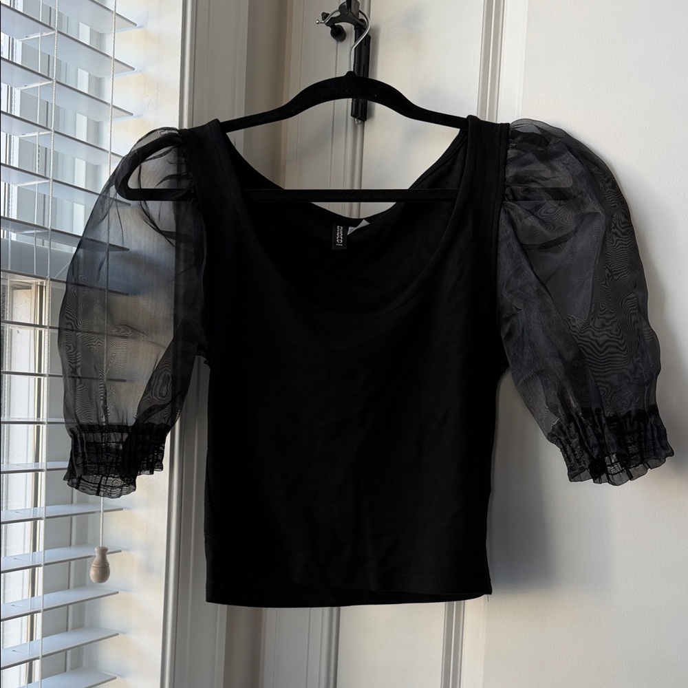 H&M Black Sheer Puff Sleeve Blouse